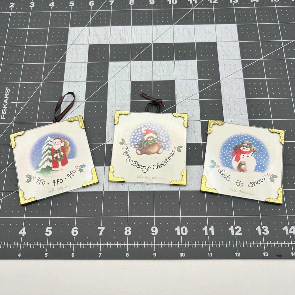Linda Grayson Printwick Papers Christmas Ornaments Set of 3 Santa Bear Snowman